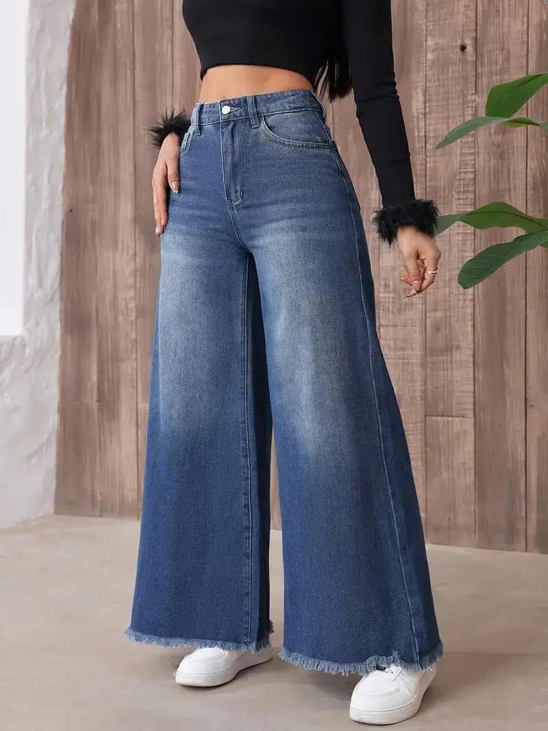 Thumbnail: Women'S Black Flared Jeans with Raw Hem - High-Waisted, Wide-Leg, Non-Stretch De