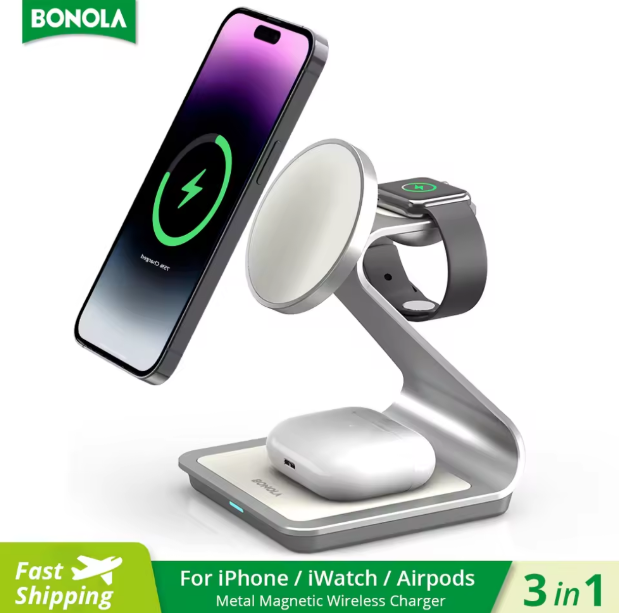 Bonola Magnetic 3 in 1 Wireless Charger for iPhone 16/15/13/14 Pro/12 30W