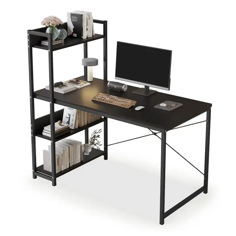 Thumbnail: LAFULAIFU Modern 4-Tier White Computer Desk with Shelves - Ergonomic 110x50x72cm