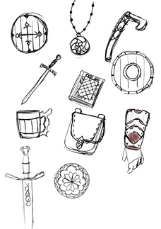 Sketches of medieval style weapons, shields, and clothing pieces.