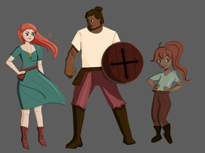 Character art of the three main characters in Friday Night Feasts; a woman with red hair and a teal dress, a man with a white shirt and red pants, a young girl with a teal shirt and reddish pants.