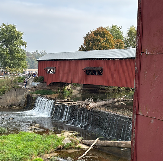 view of the Bridgeton, Indiana covered bridge from the mill