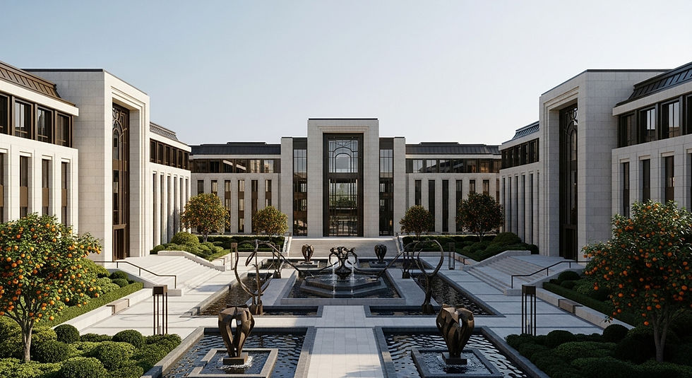 Discover the heart of Velmorya’s financial power — the Legacy Stock Exchange. A bold symbol of economic independence, surrounded by sculpted gardens and Afro-futurist design.