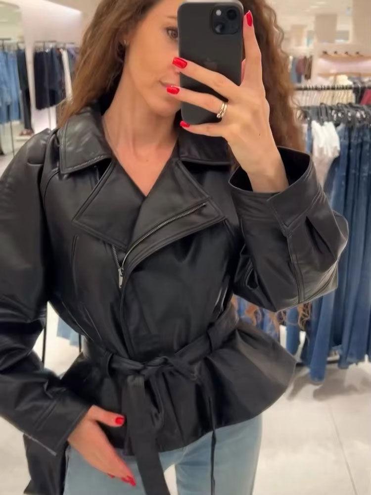 Thumbnail: HH Women Fashion Black Short Faux Leather Trench Coat Long Sleeve Lapel Jacket W