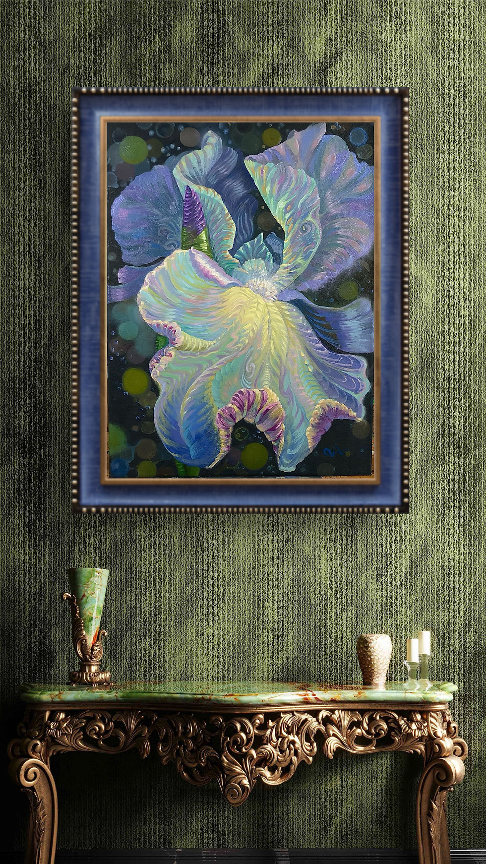 Close-up view of a beautifully framed piece of art on a wall