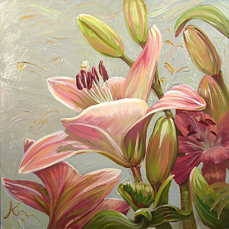 Lily flowers, lily oil painting, modern oil painting.