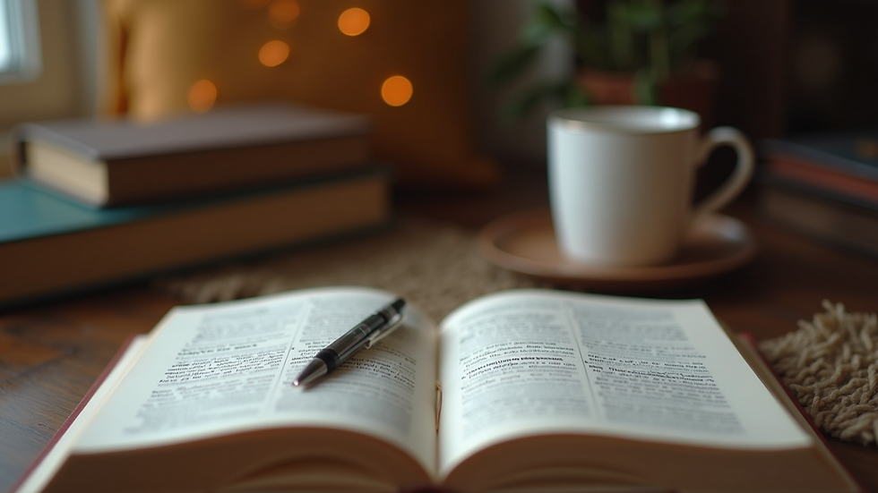 Eye-level view of a cozy reading nook with a notebook and pen