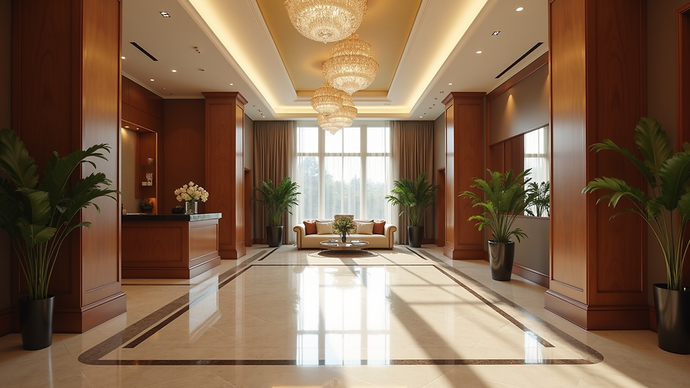 Wide angle view of a modern hotel lobby with elegant decor