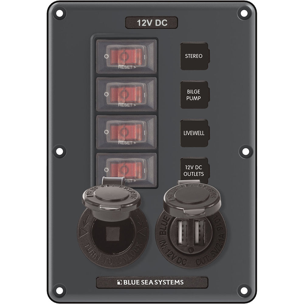 Blue Sea 4321 Circuit Breaker Switch Panel 4 Position - Gray w/12V Socket & Dual