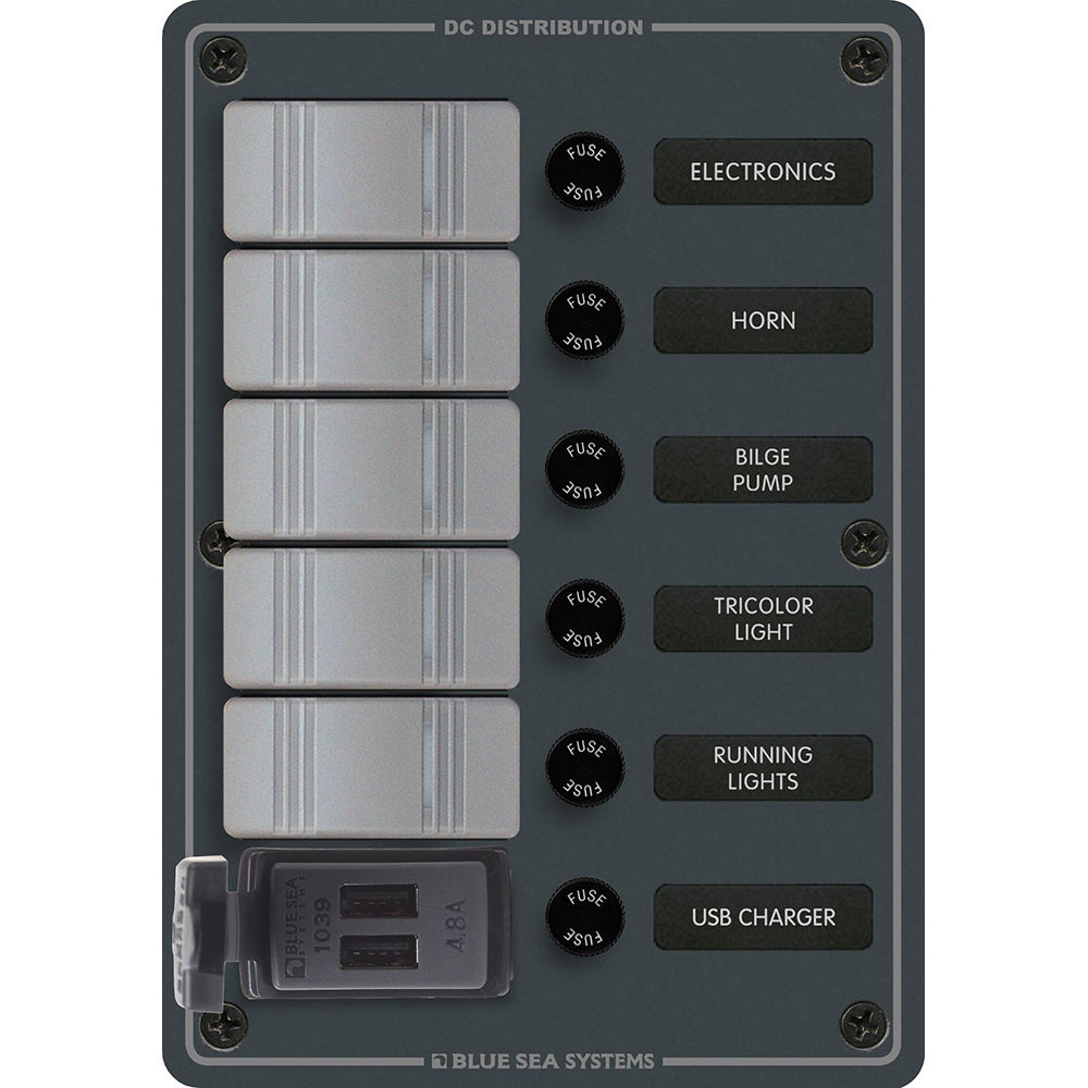 Blue Sea 8121 - 5 Position Contura Switch Panel w/Dual USB Chargers - 12/24V DC
