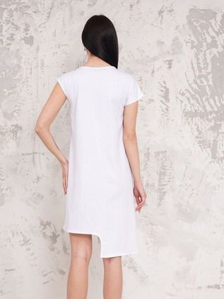Asymmetrical white dress with print and embroidery with colored stones. Design by Samanta X