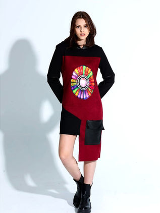 Asymmetrical black and red dress with winter leather hood with print decorated with embroidery in colored stones. Design by Samanta X