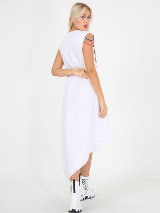 Asymmetrical white dress with print with the word different. Design by Samanta X