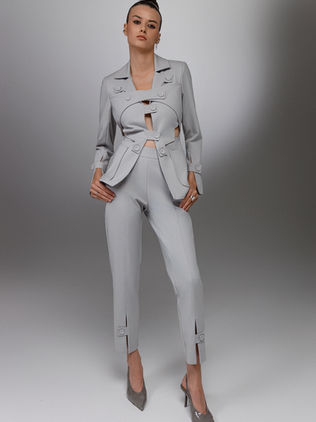 Full-length view of the Kael gray deconstructed cutout suit set from the Oblique collection by Samanta X Designer