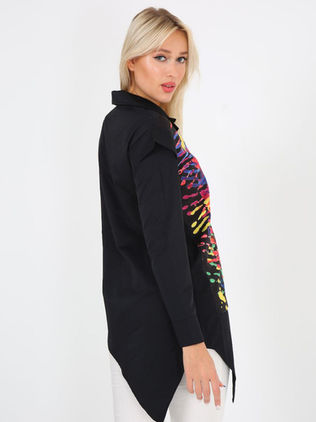 Asymmetrical women's black shirt printed with colorful hands. Design by Samanta X