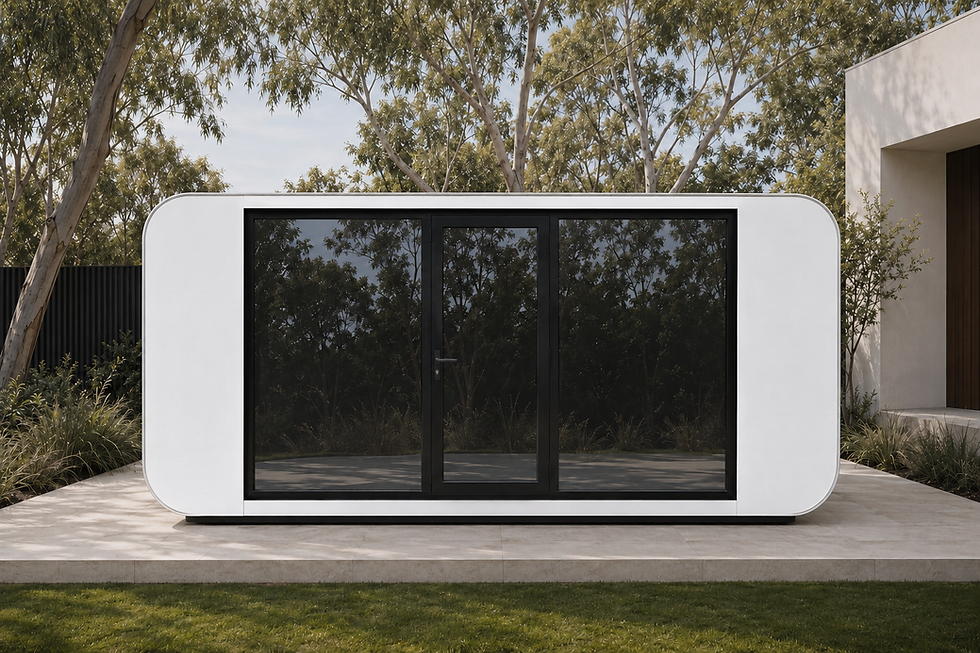 Black modular garden studio with a large picture window
