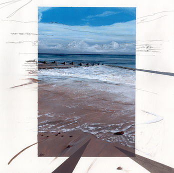 blue sky and clouds with receding waves next to the groins on Swanage beach.