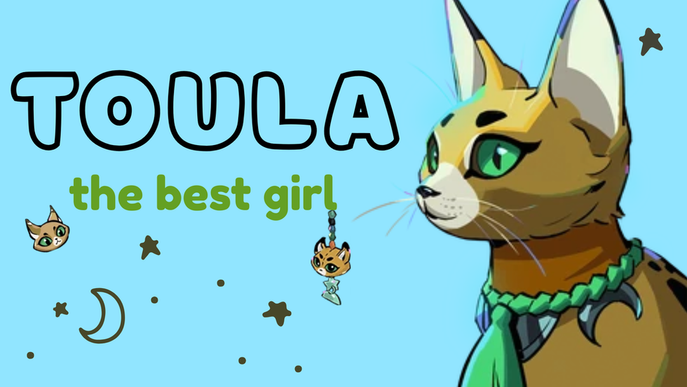 Toula a wild cat character from the game Hades 2 with the tex Toula the best girl