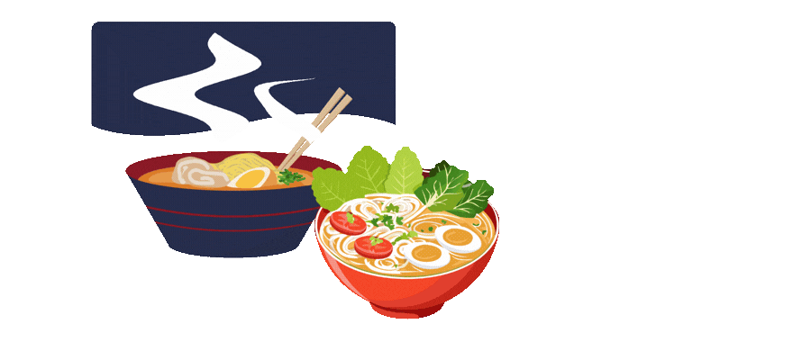 bol con comida humeante, ensalada y carta de menú