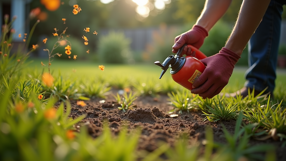High angle view of a person applying fire ant bait in a garden