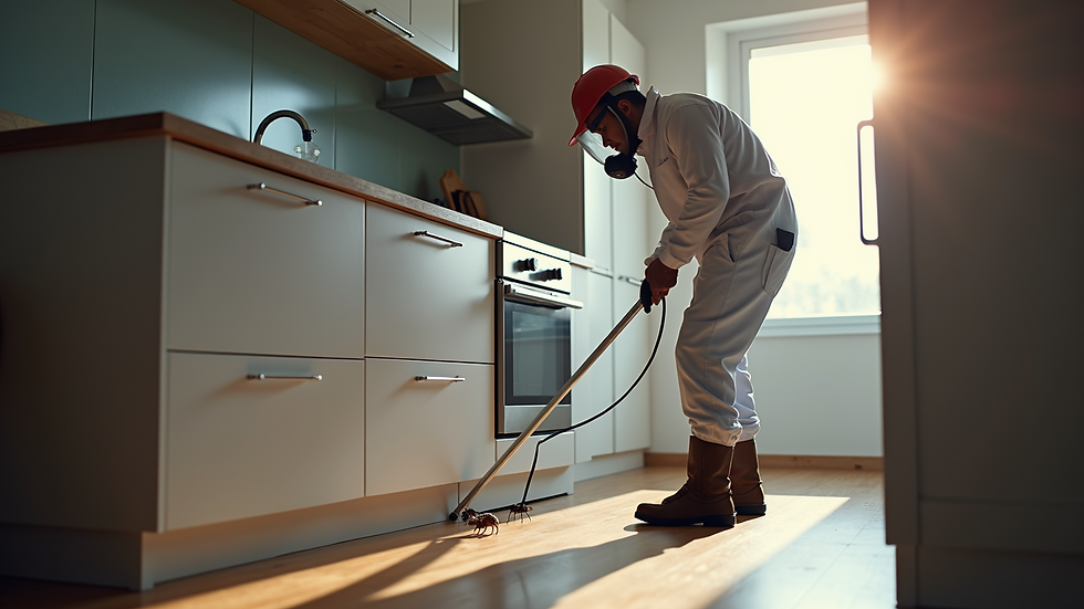 Eye-level view of pest control technician inspecting a kitchen