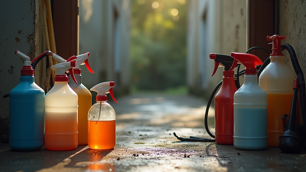 High angle view of pest control equipment and chemicals ready for use