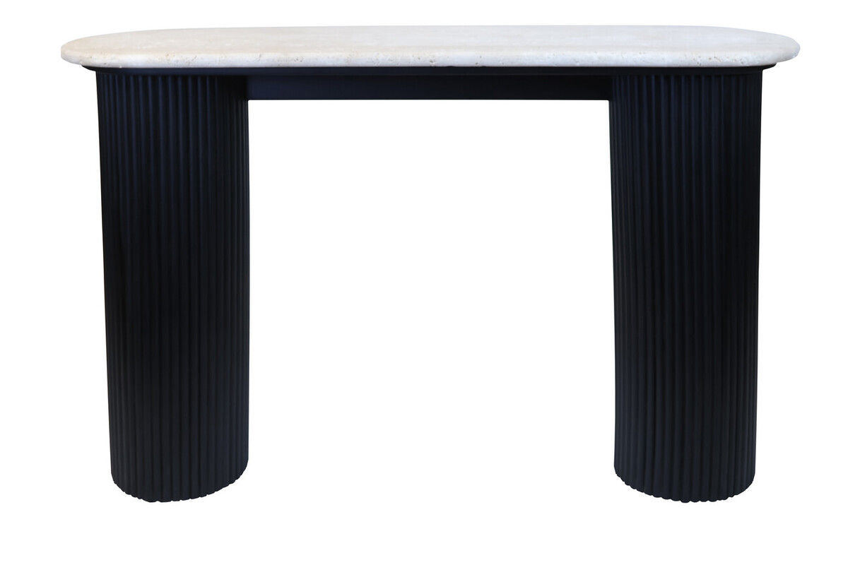 Aveline Travertine Top Console Table with Black Acacia Wood Legs
