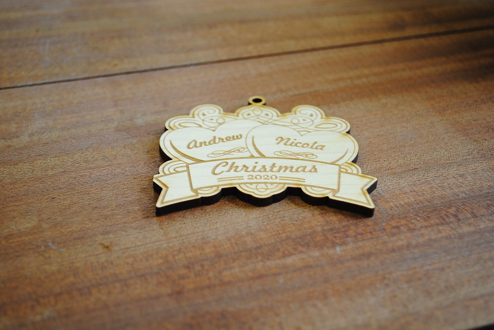 Personalised Christmas Bauble, 2 hearts with banner angled view