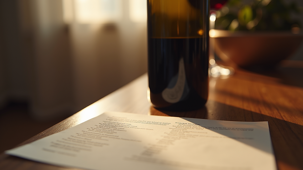 Close-up view of wine bottle and tasting notes