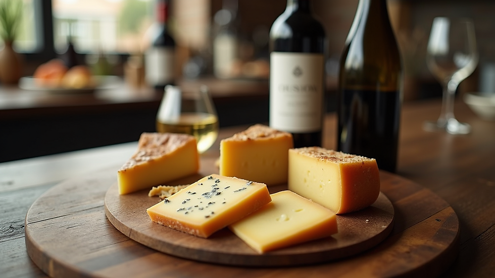 High angle view of wine bottles and cheese platter