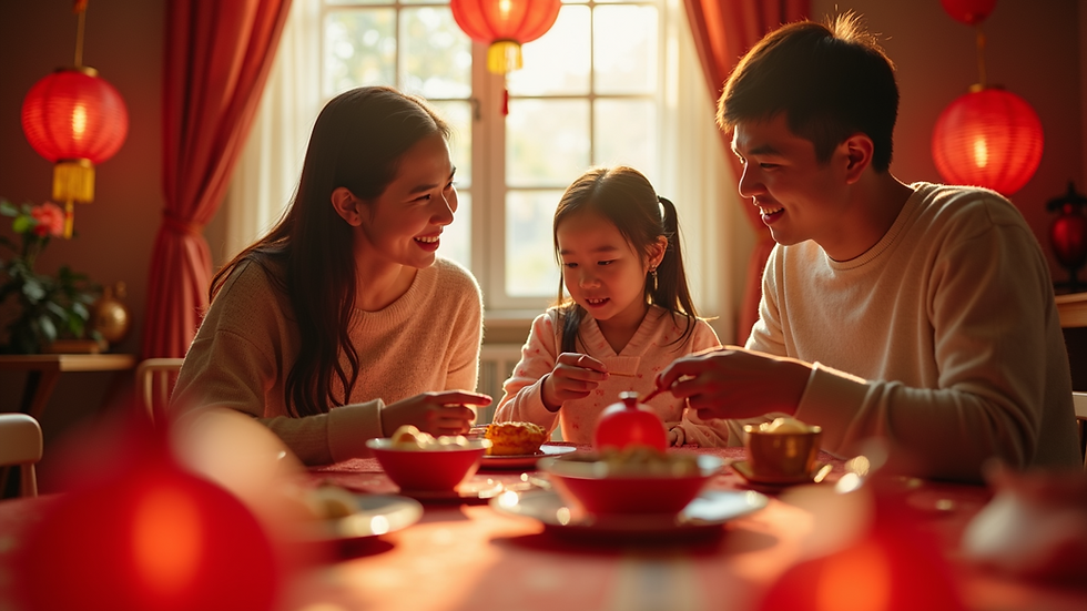 Eye-level view of a family celebrating Chinese New Year with traditional decorations