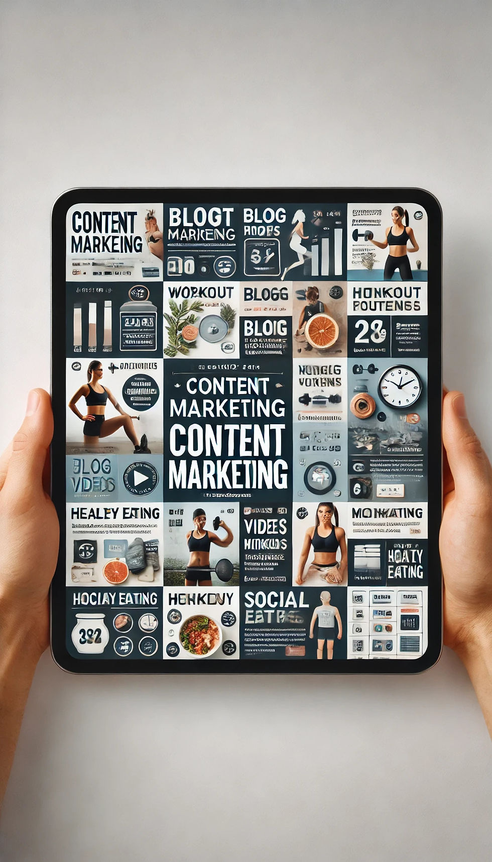 DALL·E 2024-08-12 19.35.47 - An iPad screen displaying different forms of content marketin