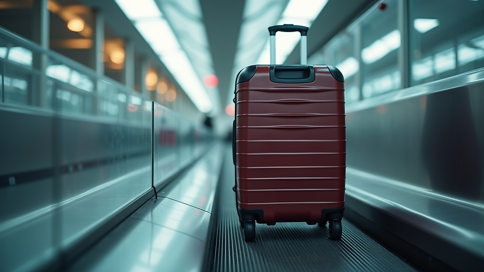Eye-level view of a suitcase on a luggage carousel
