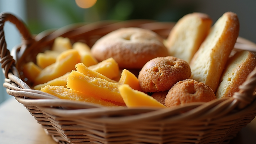 Close-up view of a welcome basket with local snacks