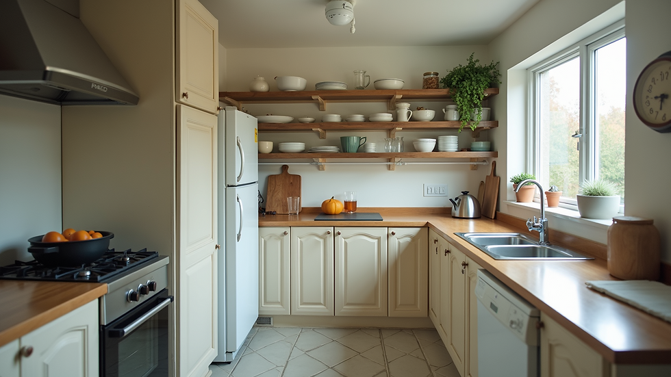 High angle view of a well-organized rental kitchen