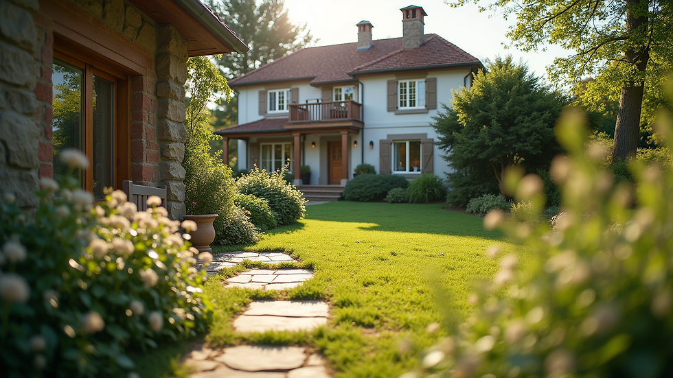 Close-up view of a rental property’s exterior with a beautiful garden