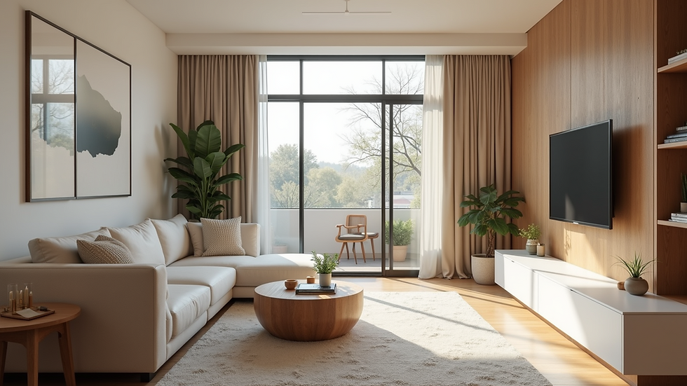 Eye-level view of a modern vacation rental living room with natural light
