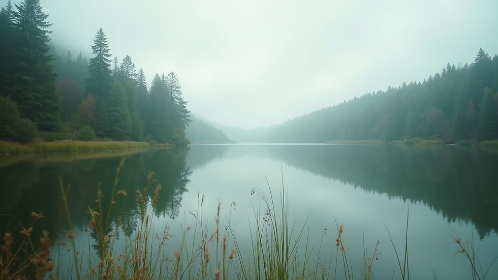 Eye-level view of a serene nature landscape with a calm lake
