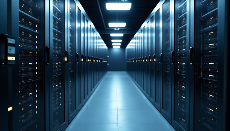 High angle view of a modern server room with organized racks and blinking lights