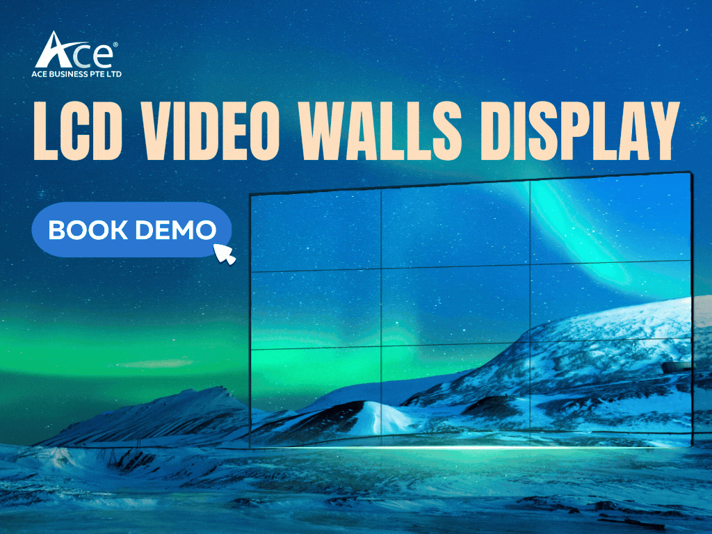 LCD video wall display in snowy landscape with aurora. Text: "Ace Business PTE LTD, LCD VIDEO WALLS DISPLAY, BOOK DEMO." Calm mood.