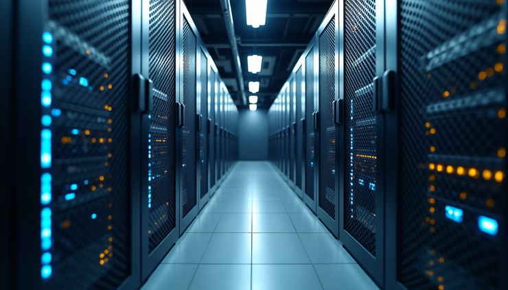 Eye-level view of a server room with blinking network equipment