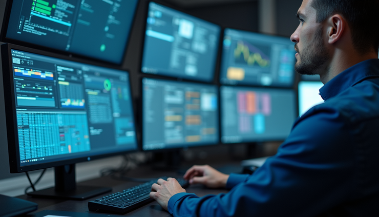 Close-up view of a technician monitoring IT infrastructure on multiple screens