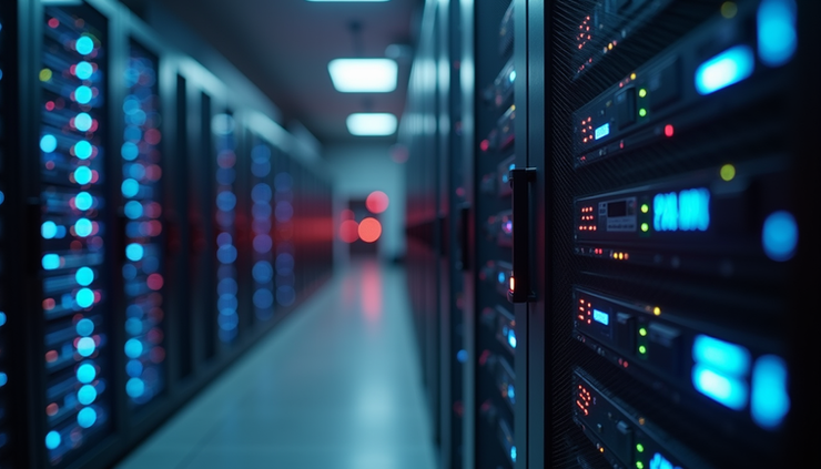 Eye-level view of a server rack with glowing status lights