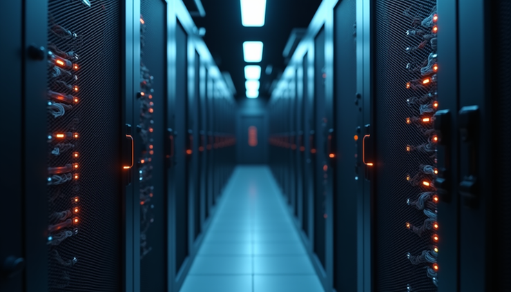 Eye-level view of a server room with organized network cables and blinking lights