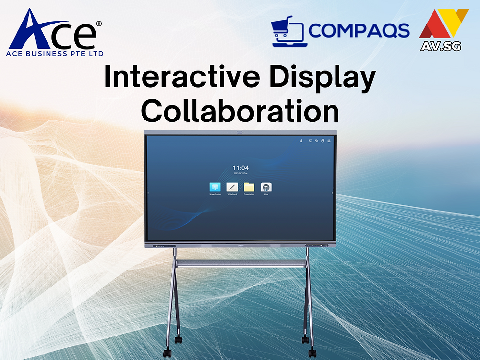 Interactive display on a stand with a blue screen, logos of Ace, Compaqs, AV.SG, and text "Interactive Display Collaboration" over an abstract background.