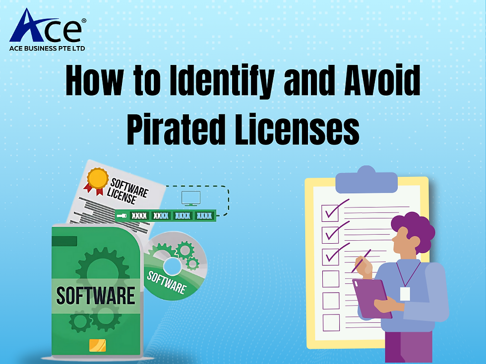 Software license graphics, checklist, and person writing on clipboard, with text "How to Identify and Avoid Pirated Licenses" on blue background.
