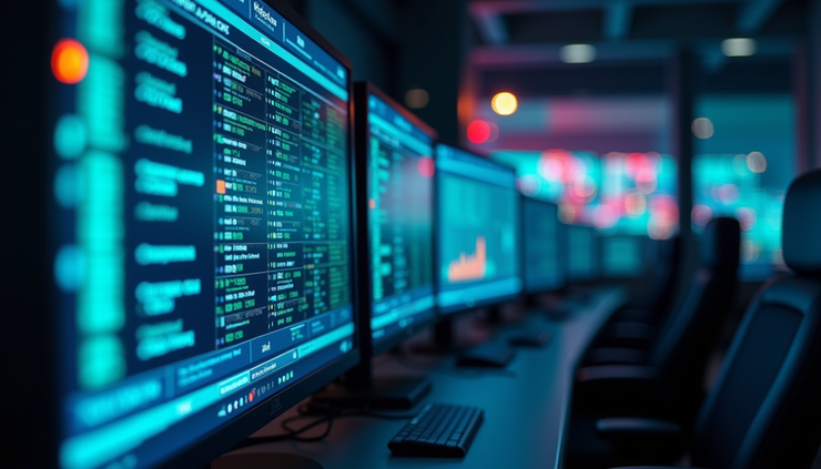 Close-up view of a network operations center with multiple monitors displaying system status