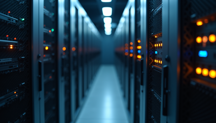 Eye-level view of a server rack with organized cables and blinking lights