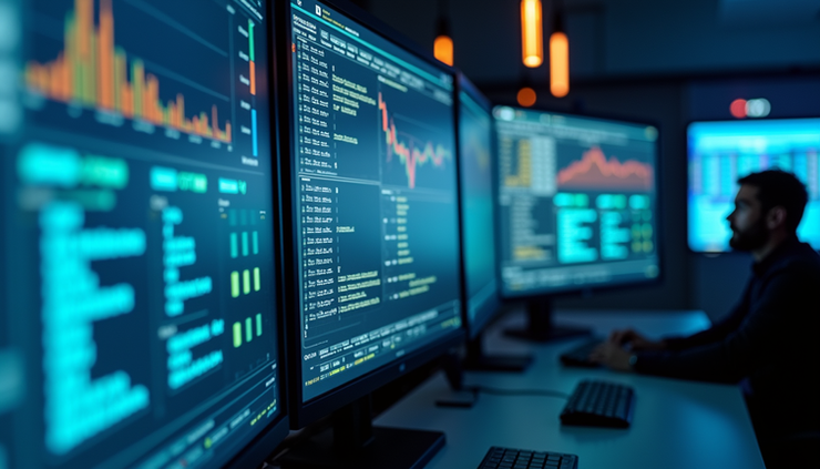 Close-up view of a network operations center with multiple screens showing system status