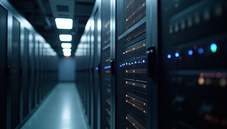 Eye-level view of a server rack with blinking lights indicating active operation